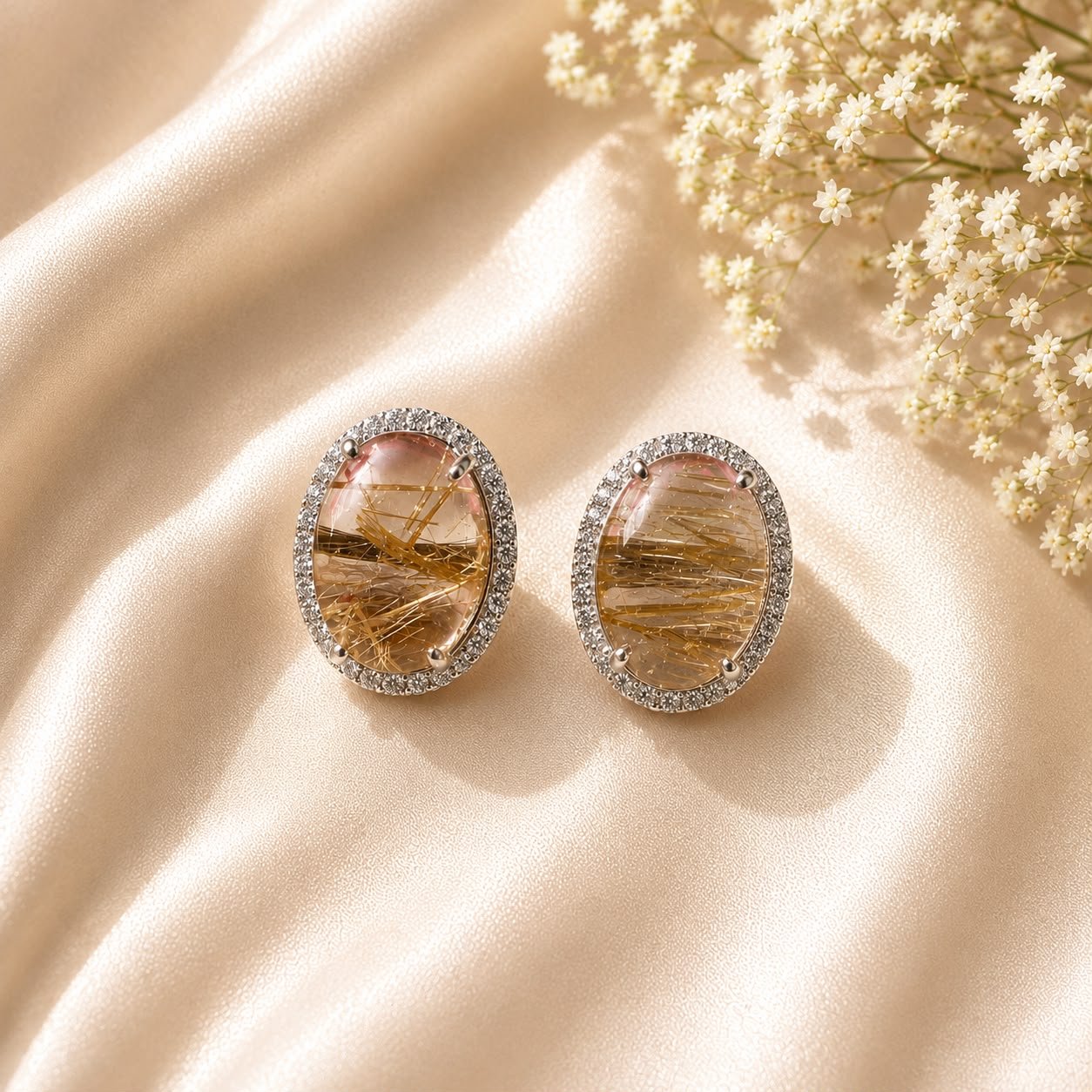 Golden Rutilated Quartz Halo Earrings