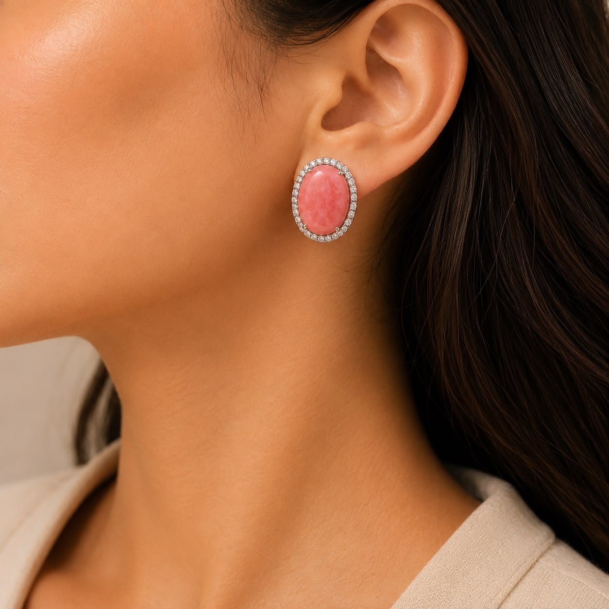 Pink Opal Halo Earrings - Image 2