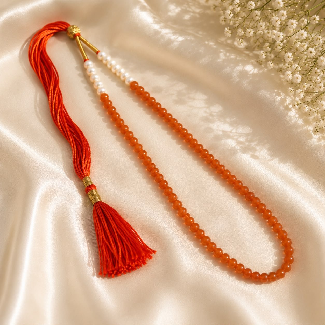Orange Onyx & Freshwater Pearl Adjustable Necklace
