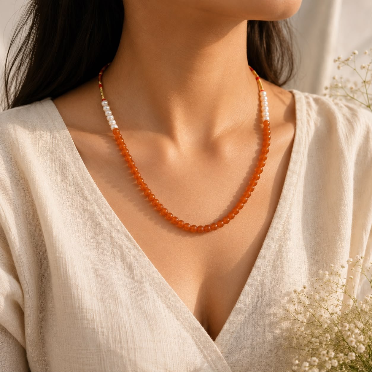 Orange Onyx & Freshwater Pearl Adjustable Necklace - Image 2