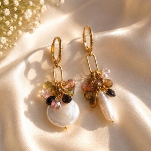 Multi Tourmaline Coin Pearl Drop Earrings