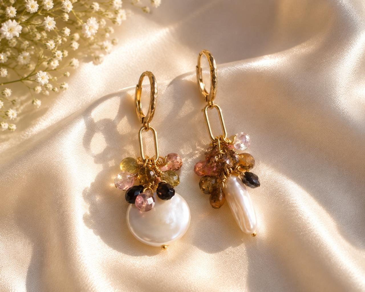 Multi Tourmaline Coin Pearl Drop Earrings