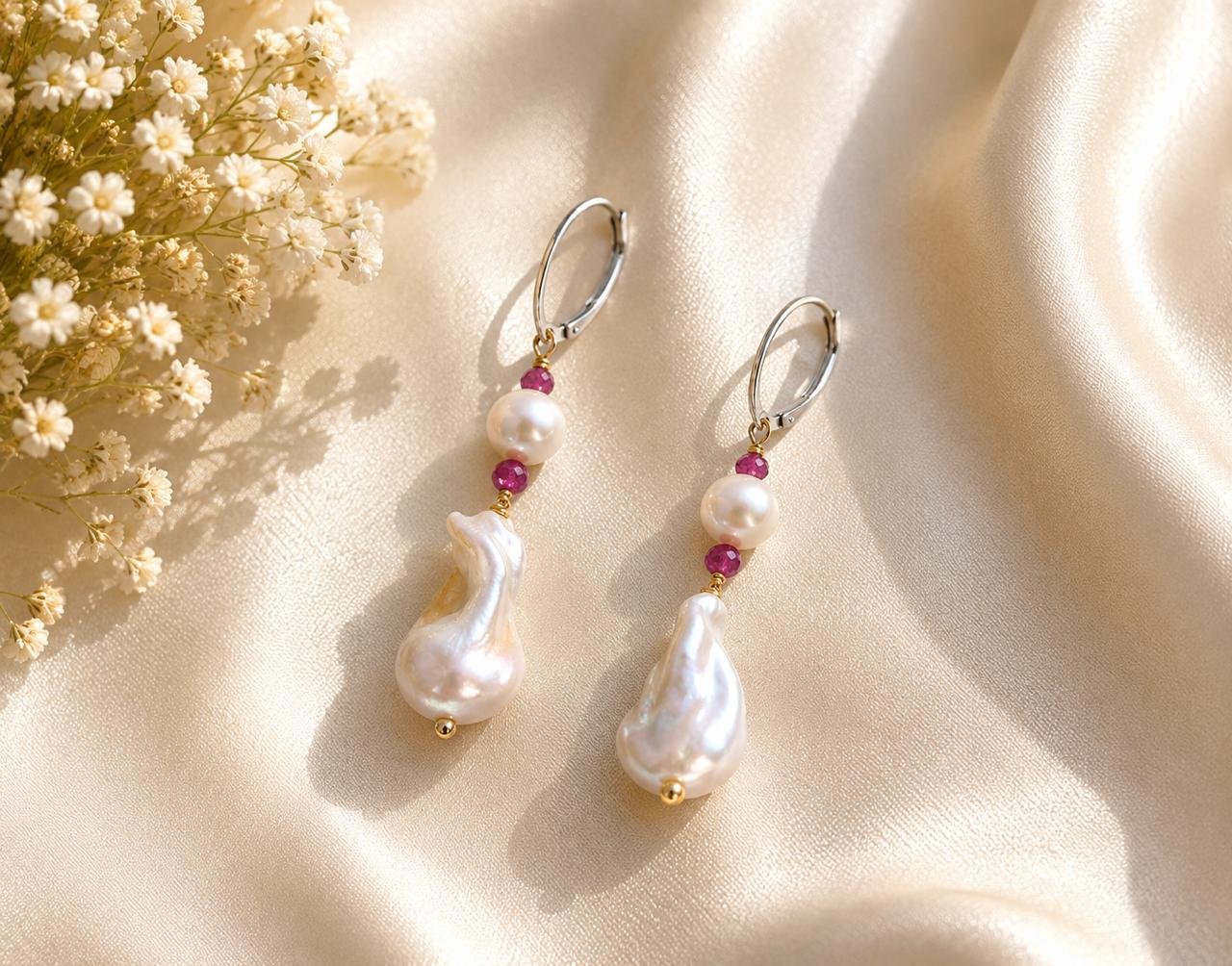 Ruby & Freshwater Pearl Drop Earrings