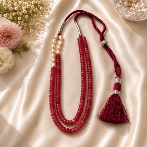 Dark Pink Quartz Two-Line Necklace with Freshwater Pearls