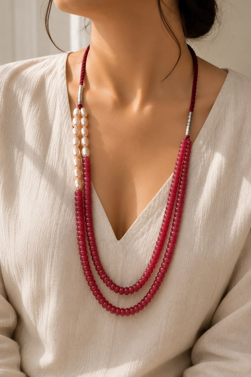Dark Pink Quartz Two-Line Necklace with Freshwater Pearls - Image 2
