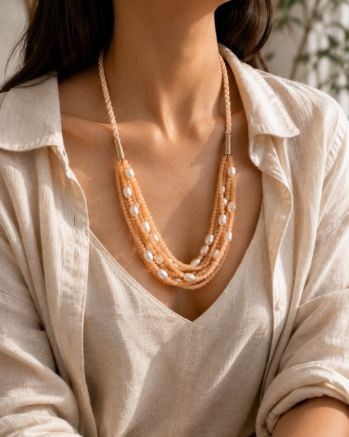 Peach Quartz & Freshwater Pearl Layered Necklace - Image 2