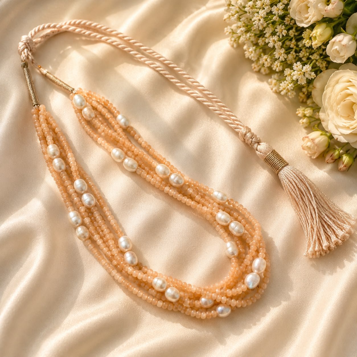 Peach Quartz & Freshwater Pearl Layered Necklace