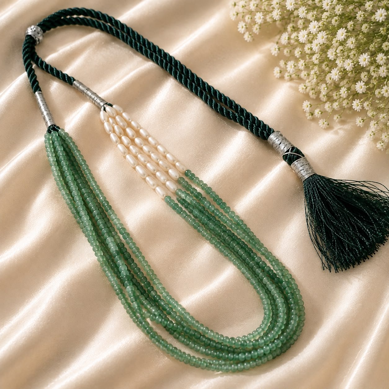 Green Quartz & Drop Pearl Layered Necklace