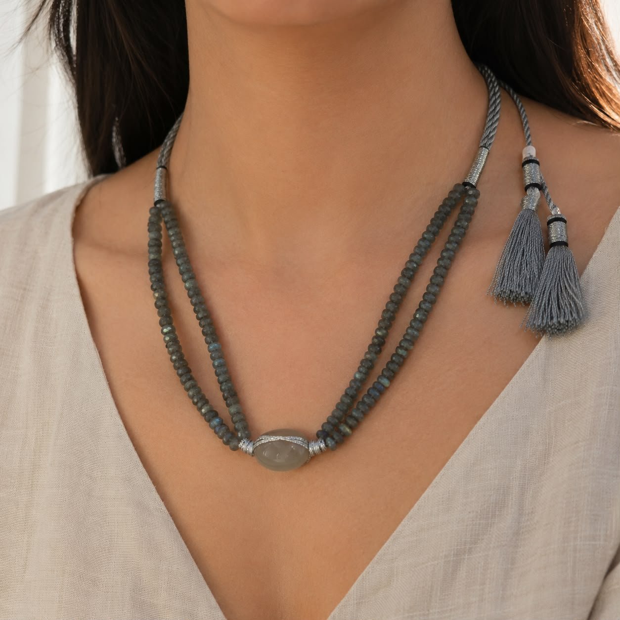 Labradorite Double Line Necklace with Centre Stone - Image 2