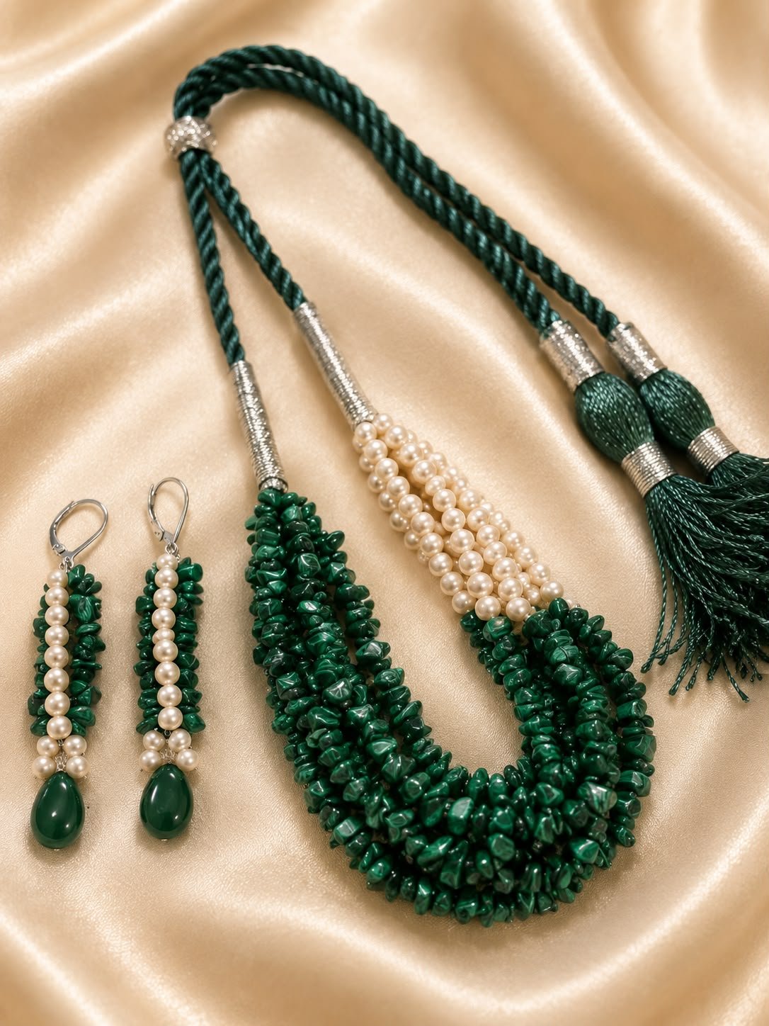 Malachite Chip Necklace Set with Green Onyx Earrings