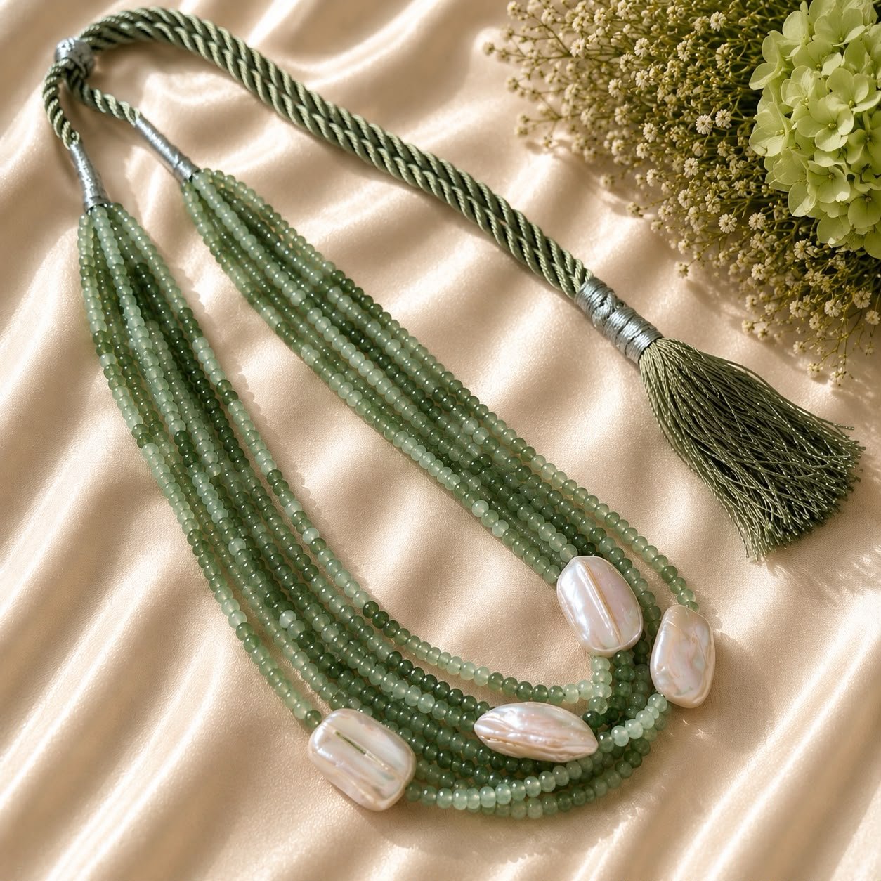 Green Quartz Four-Line Necklace with Freshwater Pearl Accents