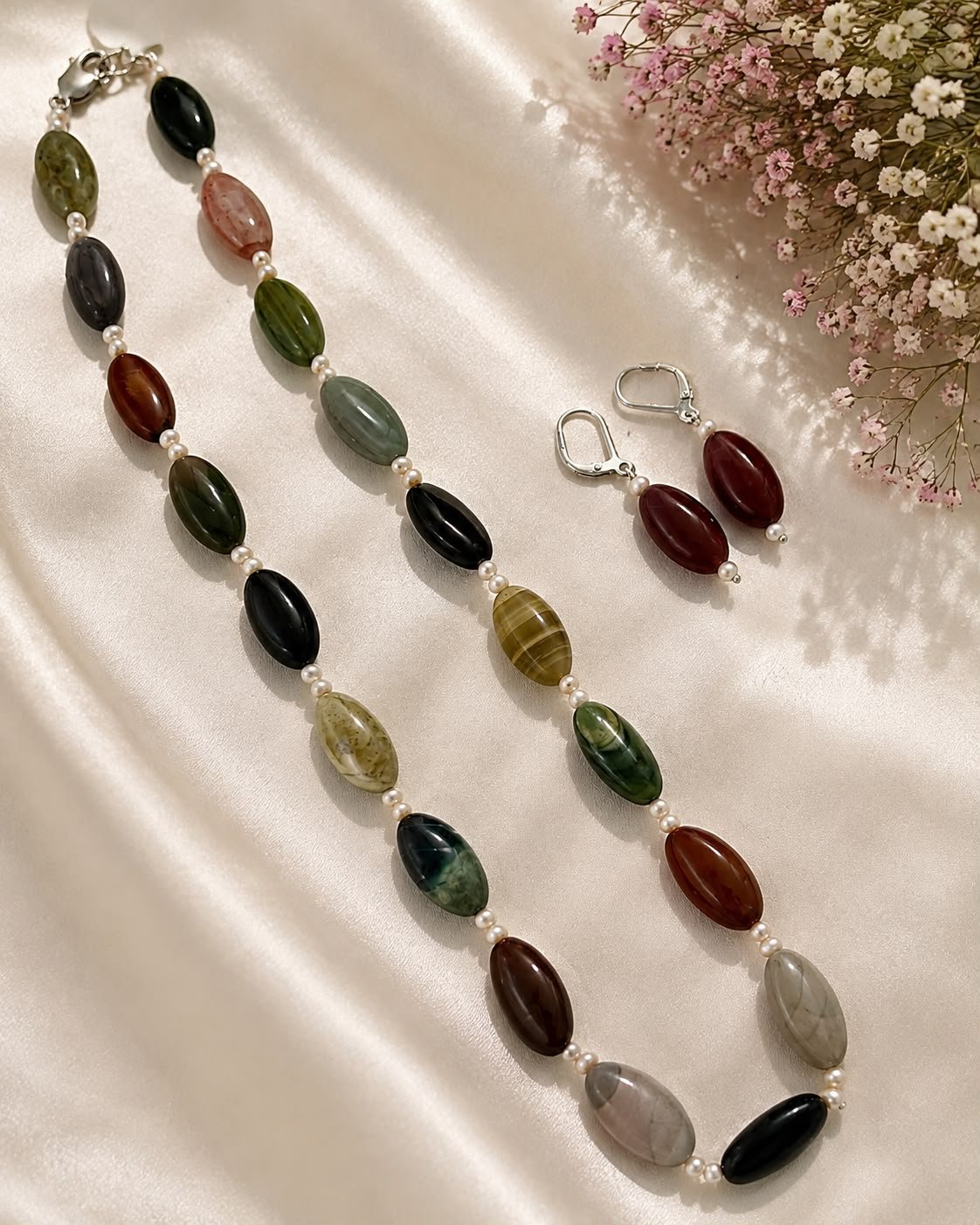 Multicolor Agate & Freshwater Pearl Necklace Set
