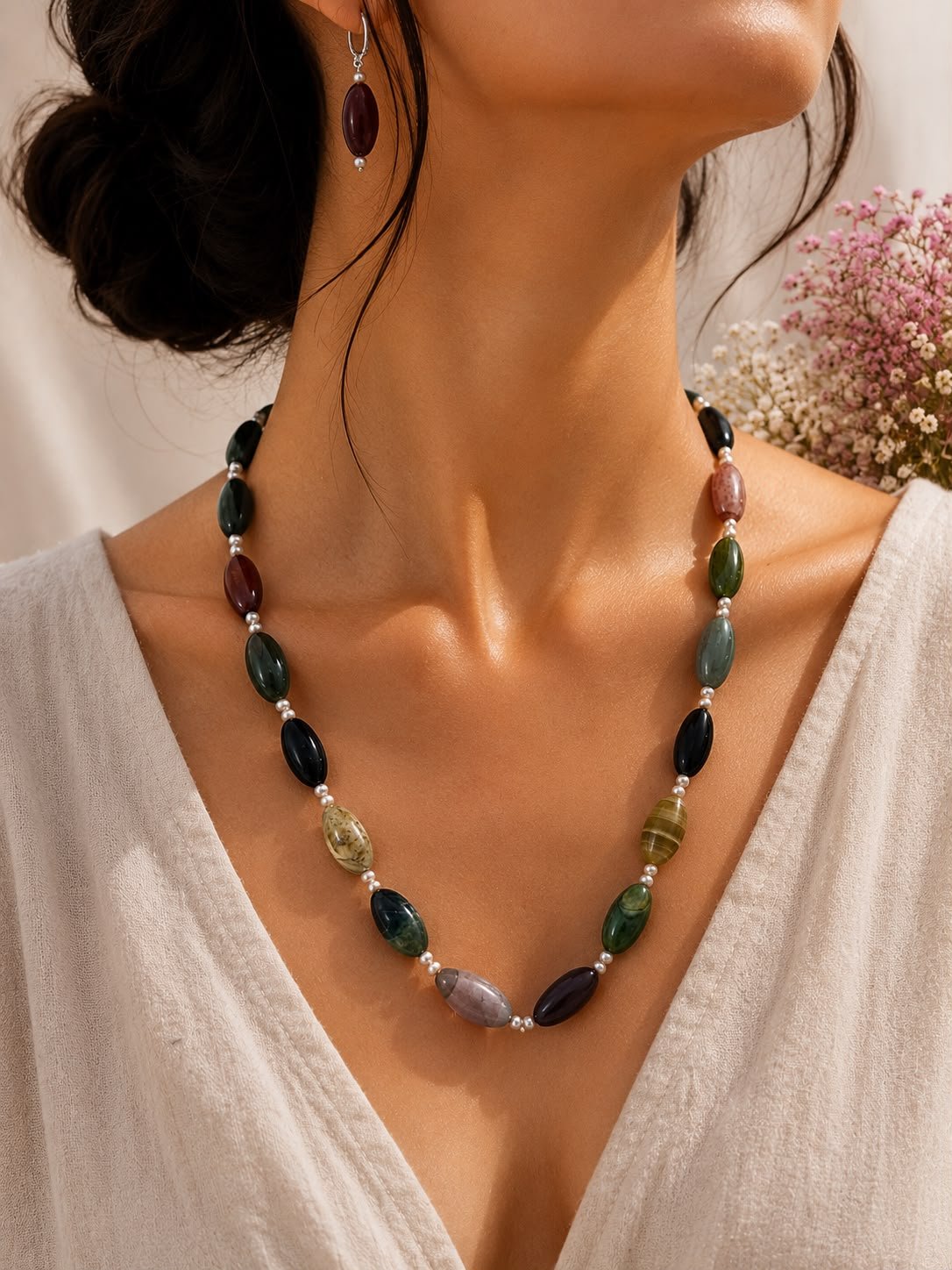 Multicolor Agate & Freshwater Pearl Necklace Set - Image 2