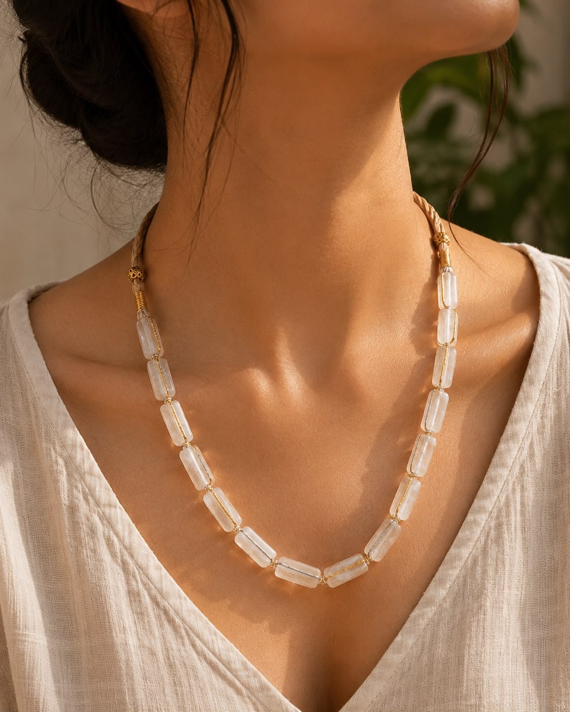 Clear Quartz Pipe Necklace with Dual-Tone Thread Detailing - Image 2