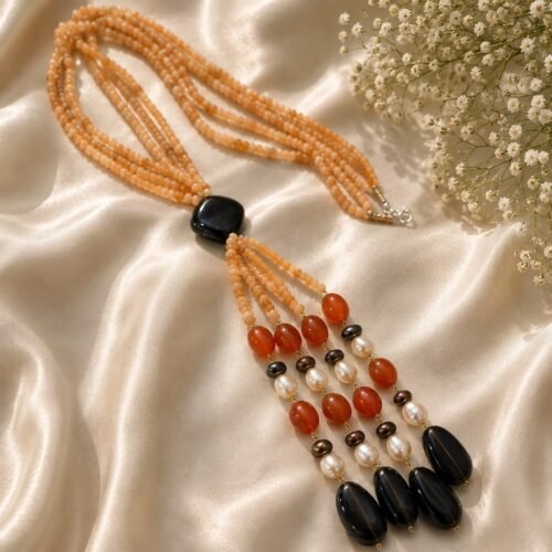 Quartz, Smoky & Carnelian Lariat Necklace