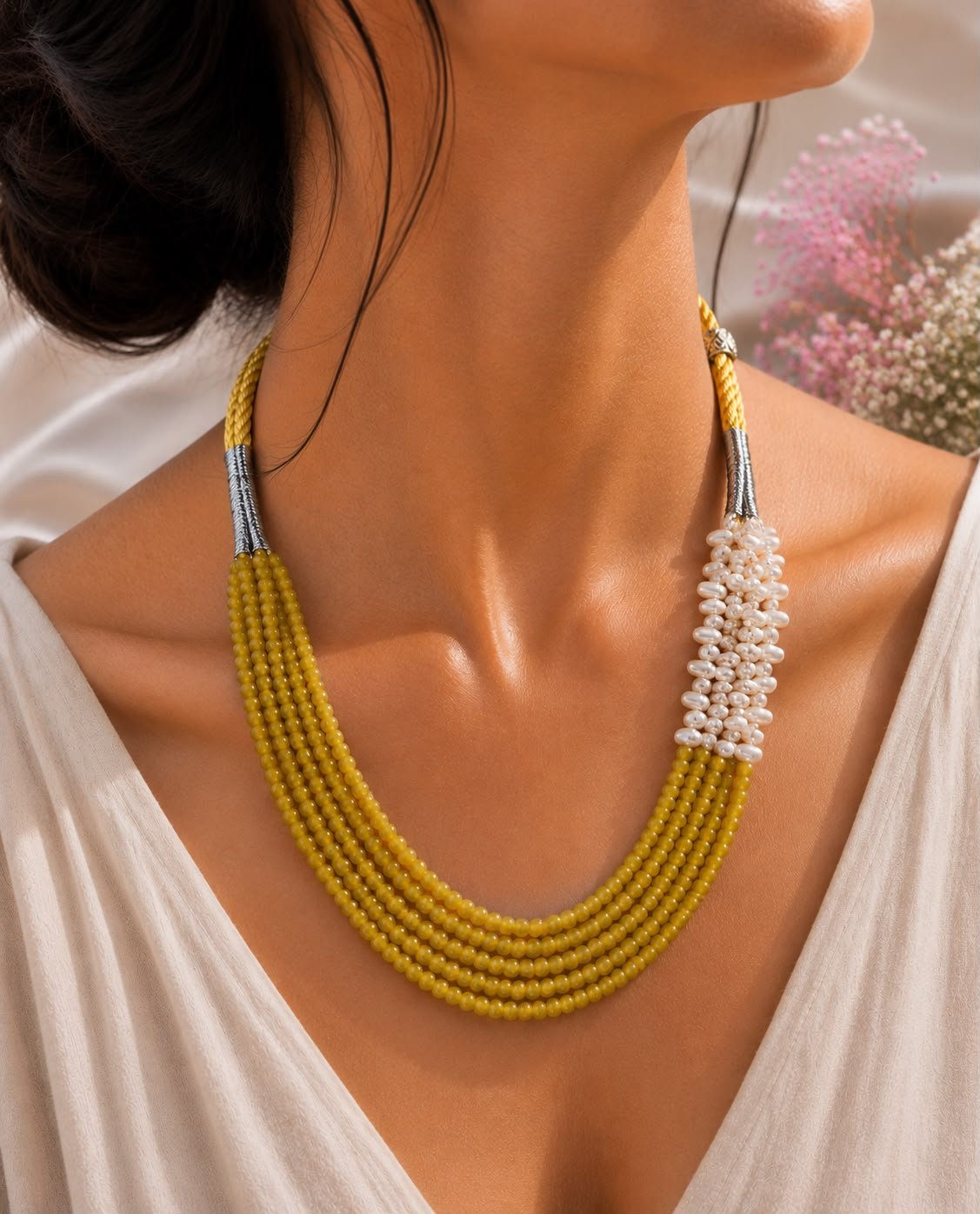Yellow Quartz & Freshwater Pearl Multi-Line Necklace - Image 2