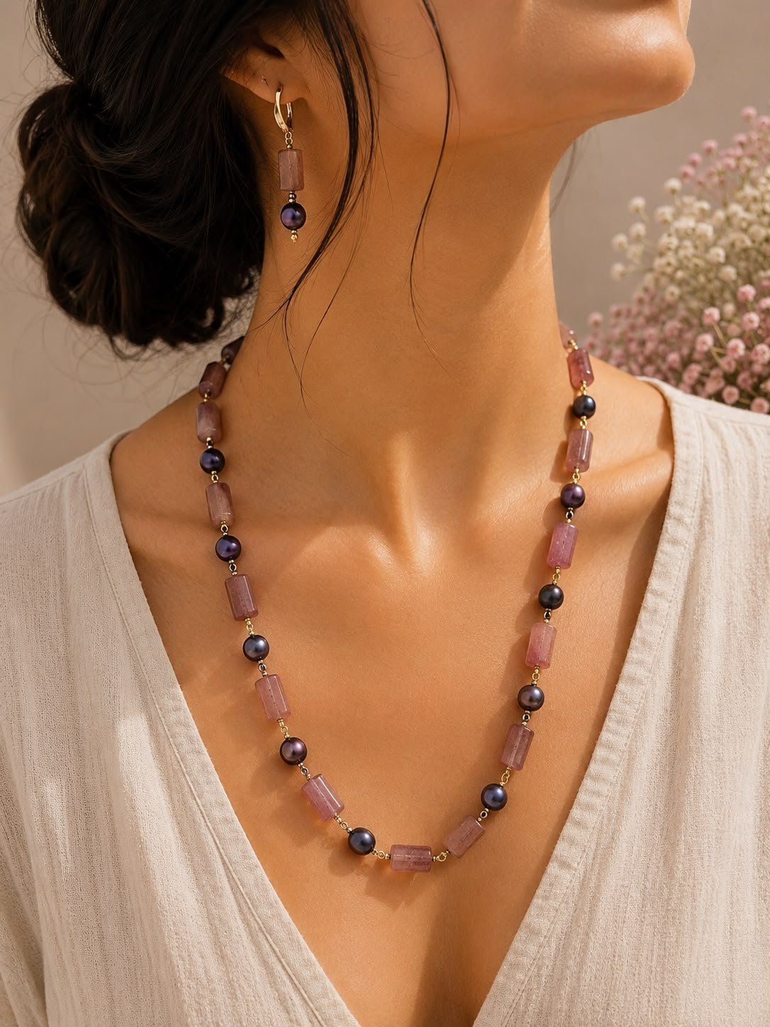 Strawberry Quartz & Black Pearl Necklace Set - Image 2