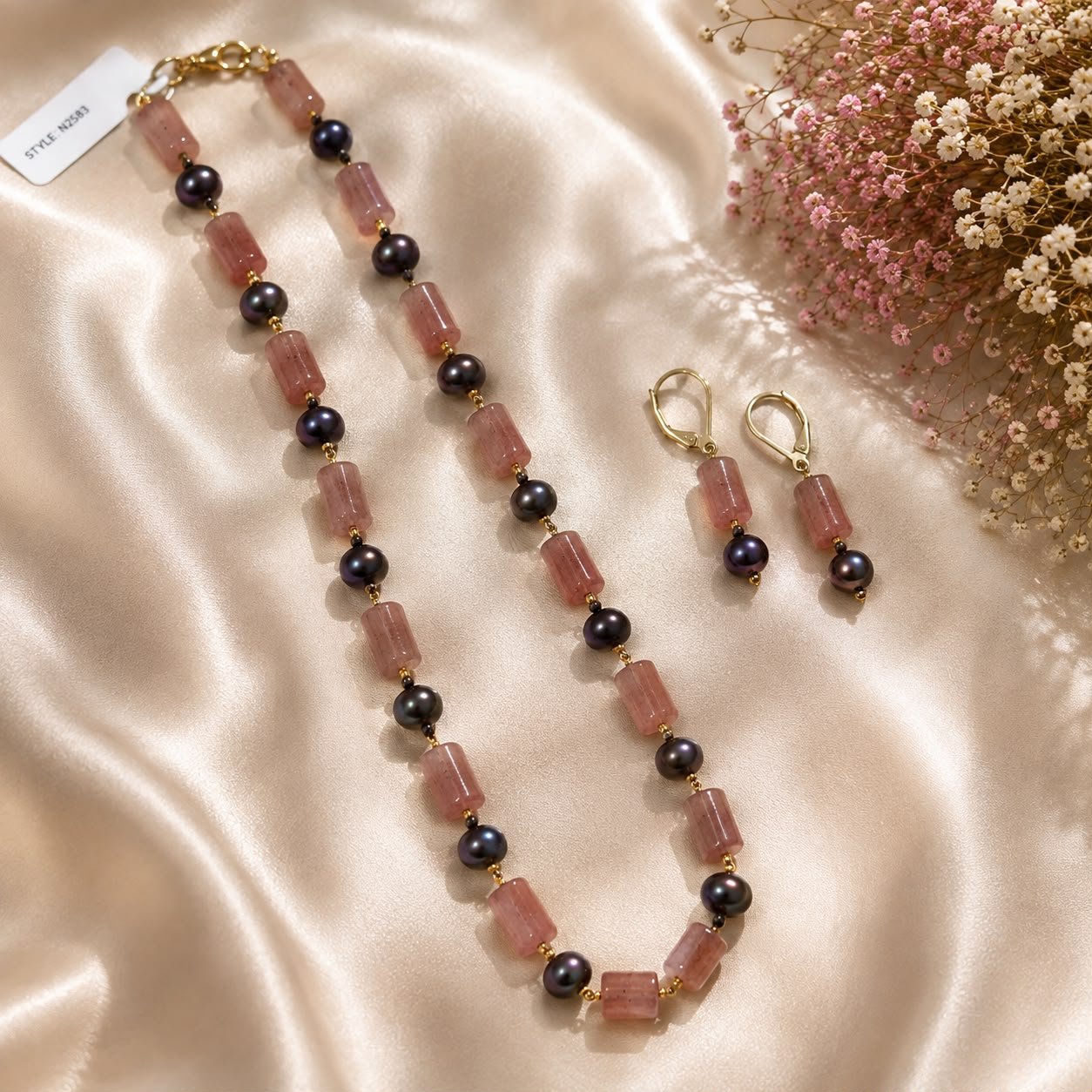 Strawberry Quartz & Black Pearl Necklace Set