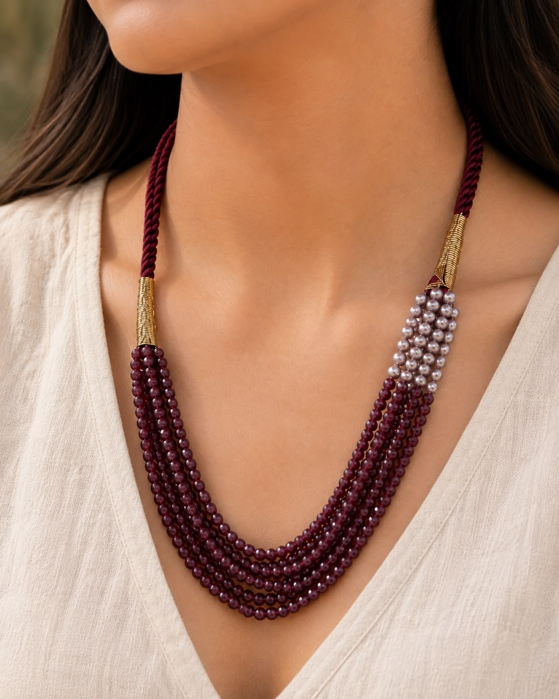 Red Quartz & Pink Pearl Five-Line Necklace - Image 2