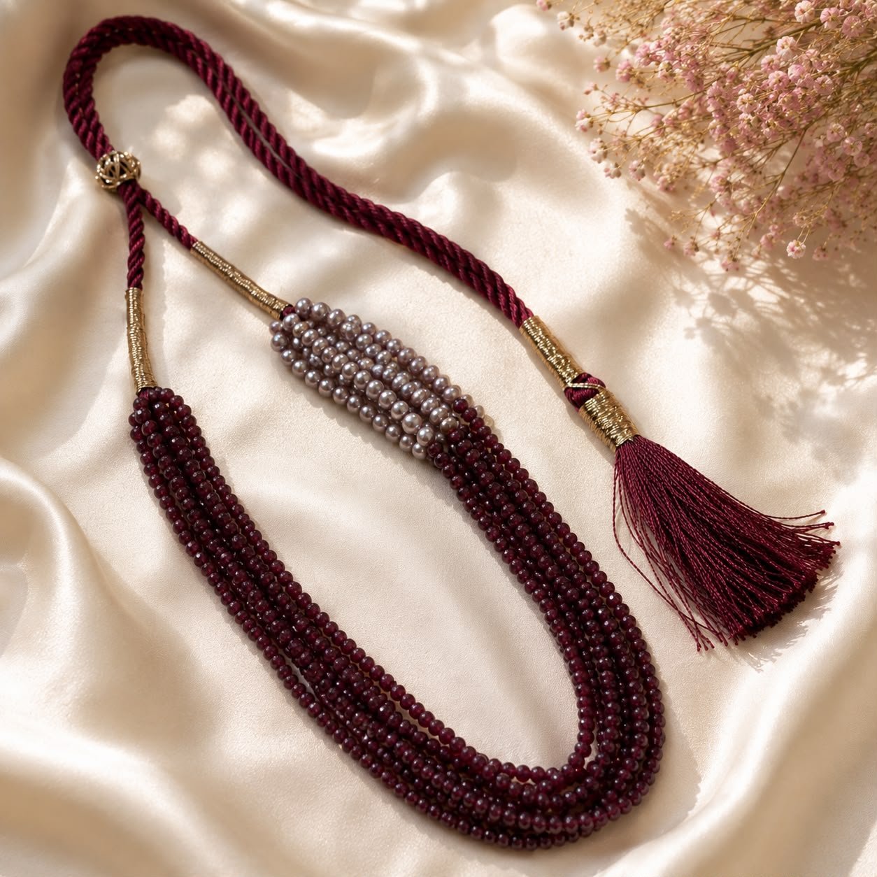 Red Quartz & Pink Pearl Five-Line Necklace