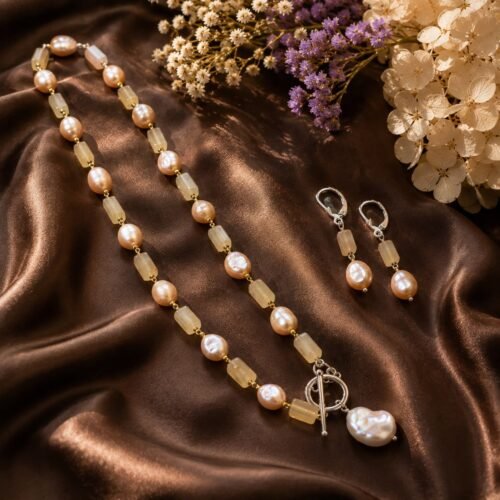 Yellow Onyx & Freshwater Pearl Necklace Set