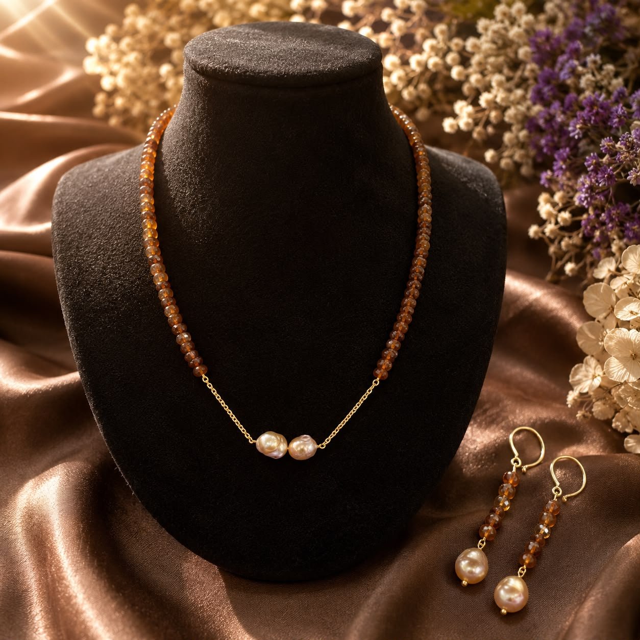 Garnet Golden Chain Necklace with Freshwater Pearls
