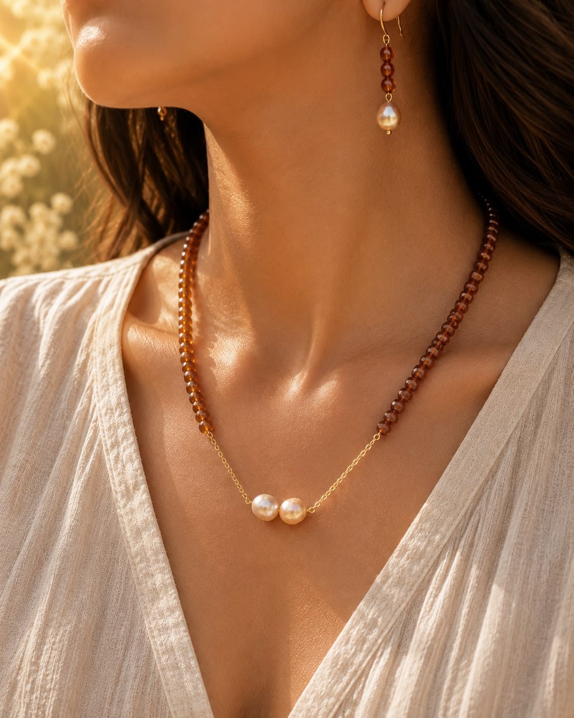 Garnet Golden Chain Necklace with Freshwater Pearls - Image 2