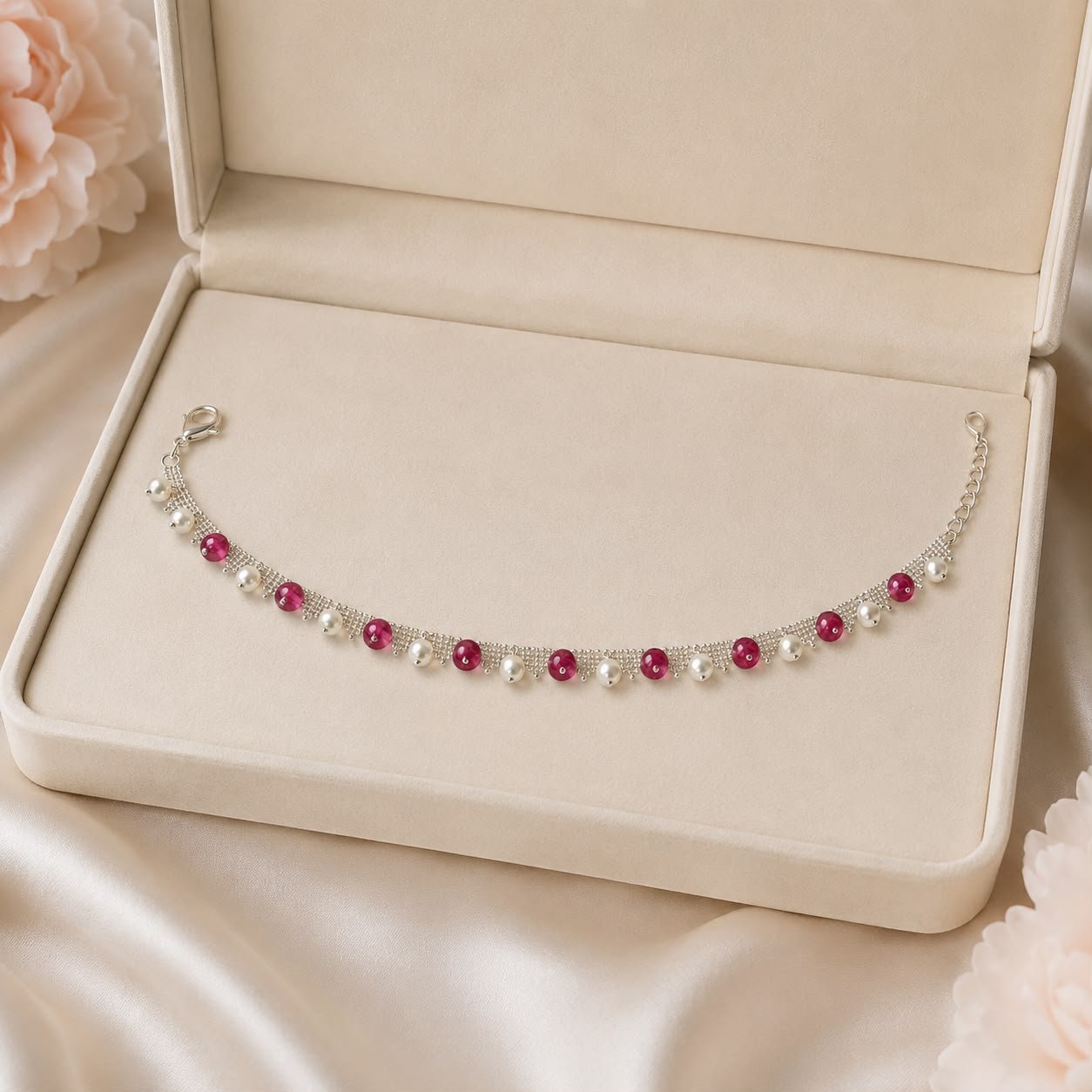 Ruby & Freshwater Pearl 92.5 Sterling Silver Anklet
