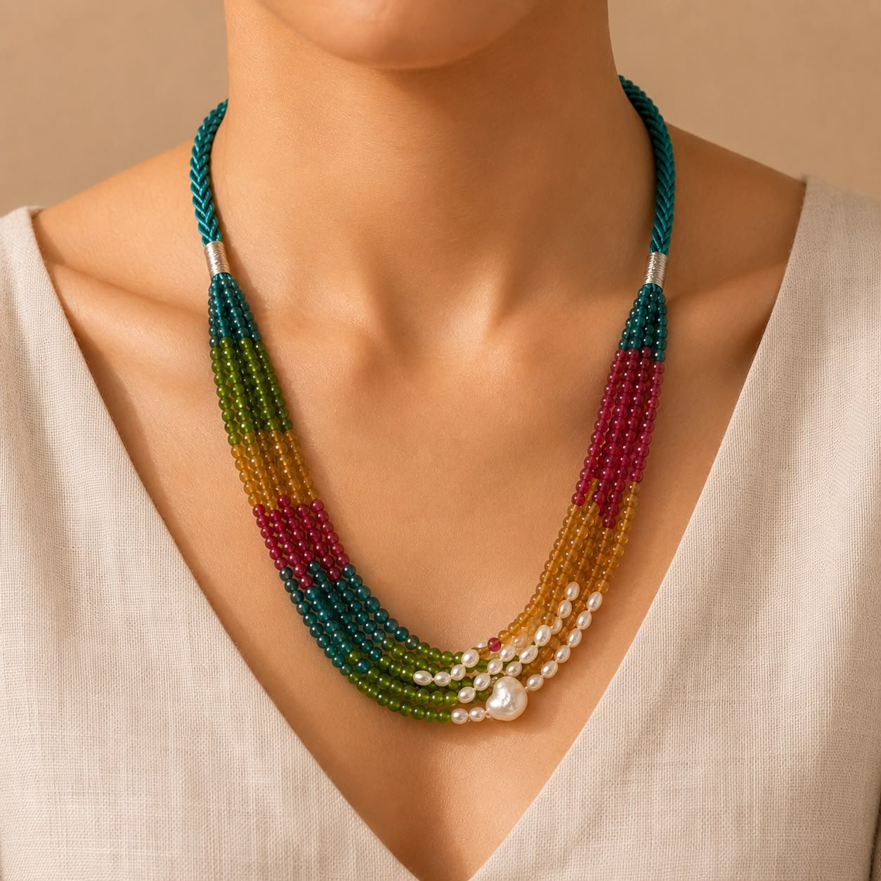 Multicolor Quartz Five-Line Pearl Necklace - Image 2