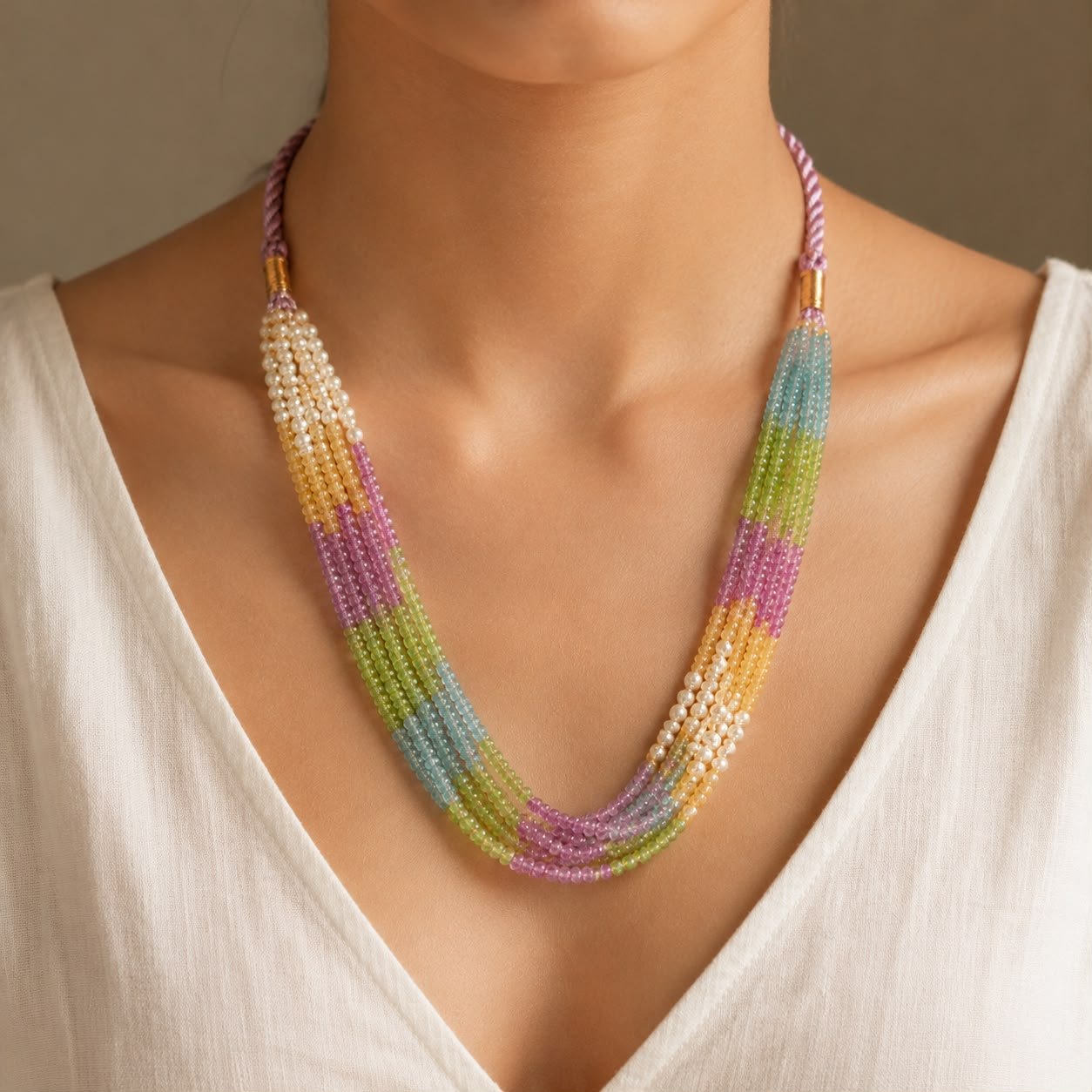 Pastel Multicolor Quartz & Freshwater Pearl Necklace - Image 2