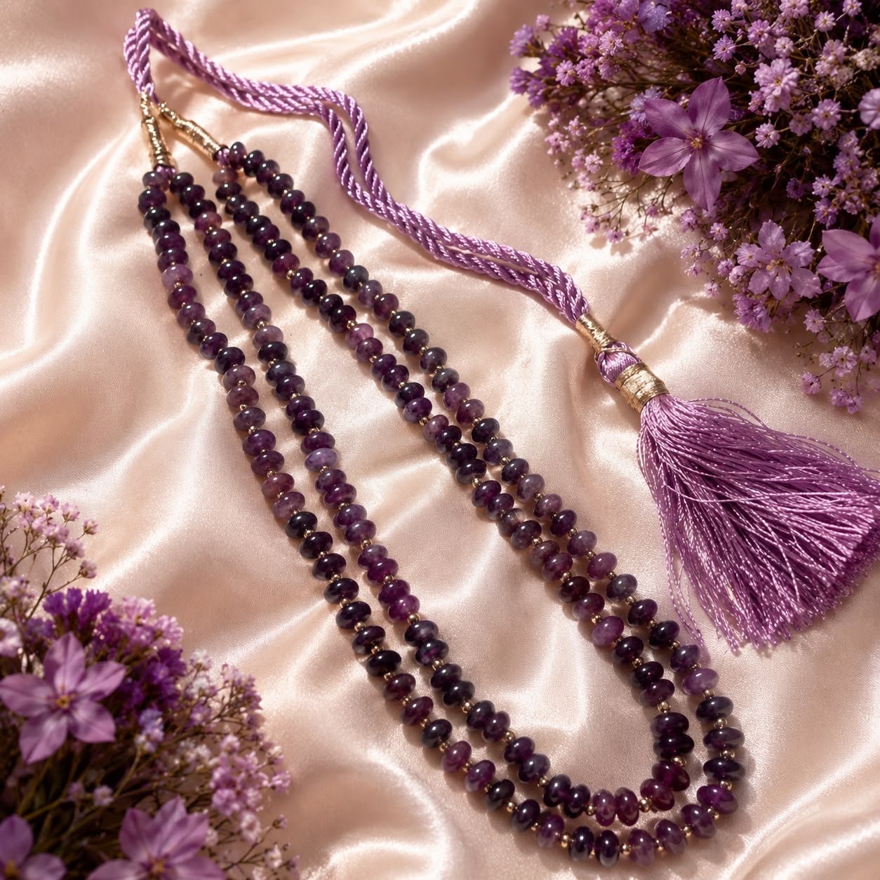 Wine Quartz Double-Line Necklace with Rose Gold Zari Detailing