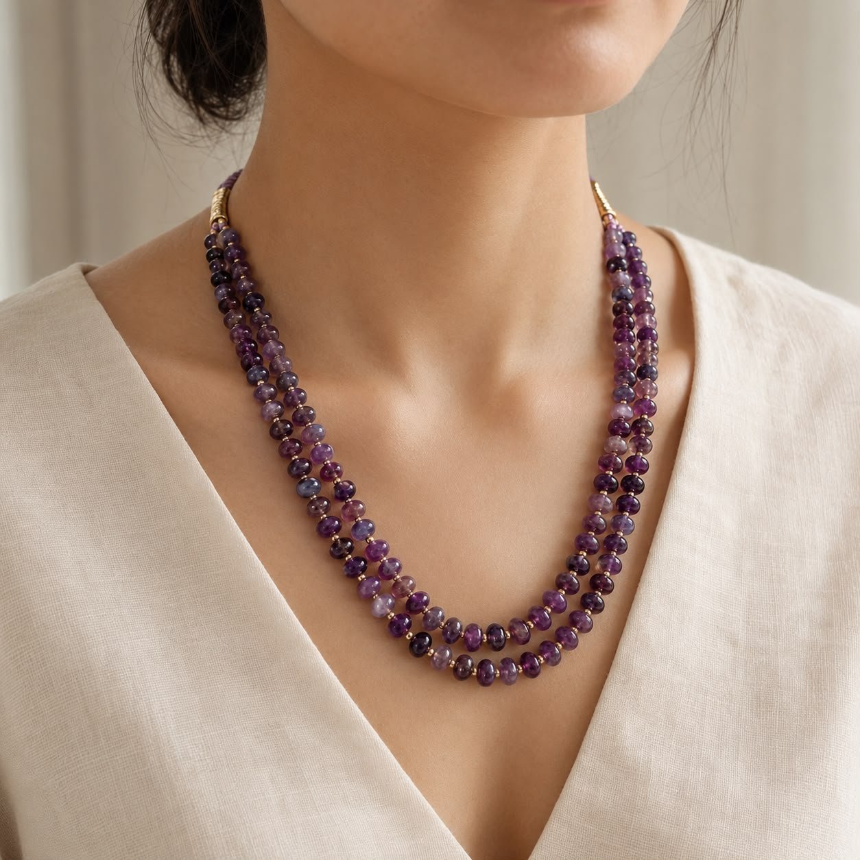 Wine Quartz Double-Line Necklace with Rose Gold Zari Detailing - Image 2