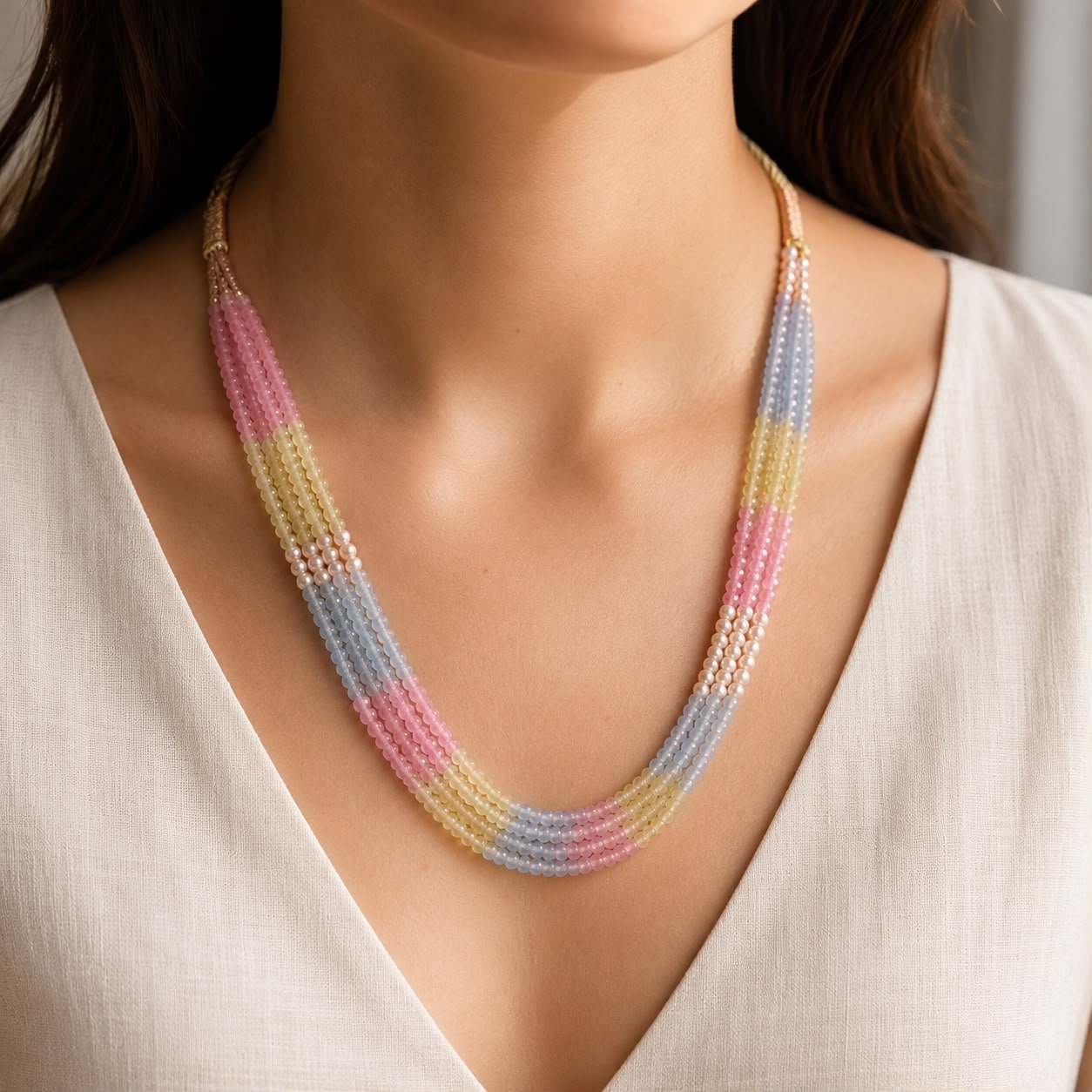 Pastel Multicolor Quartz & Freshwater Pearl Multi-Strand Necklace - Image 2