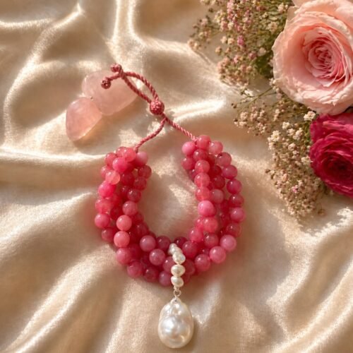 Pink Quartz & Baroque Pearl Adjustable Bracelet