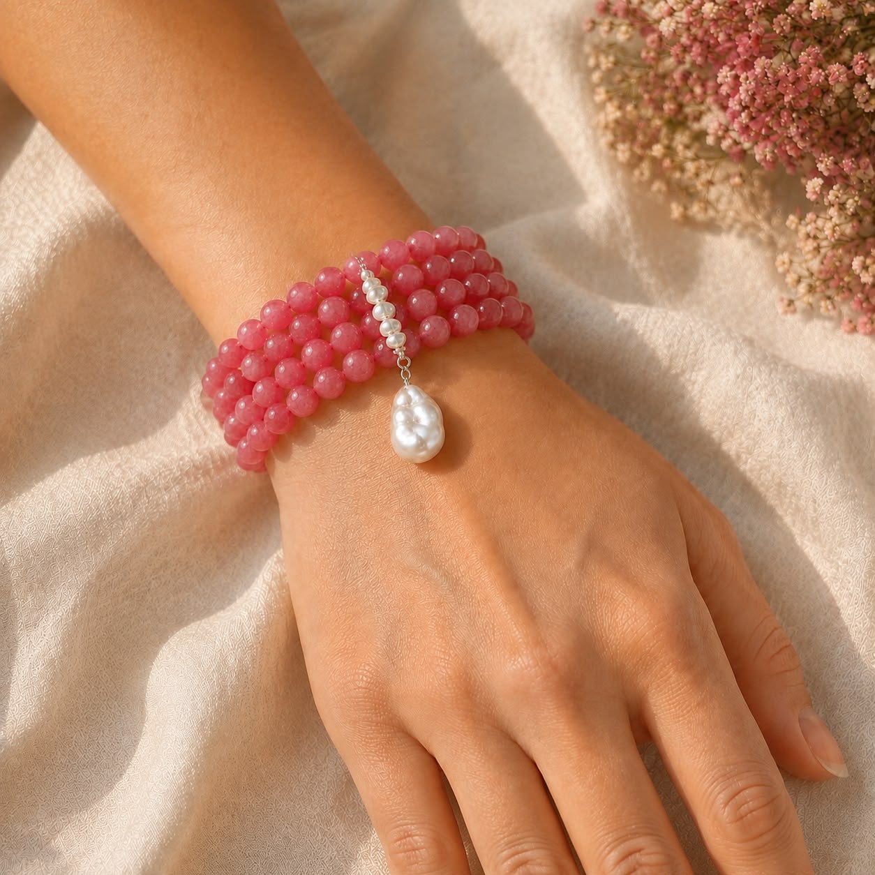 Pink Quartz & Baroque Pearl Adjustable Bracelet - Image 2