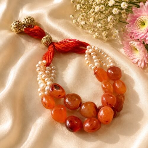 Carnelian Tumble & Freshwater Pearl Adjustable Bracelet