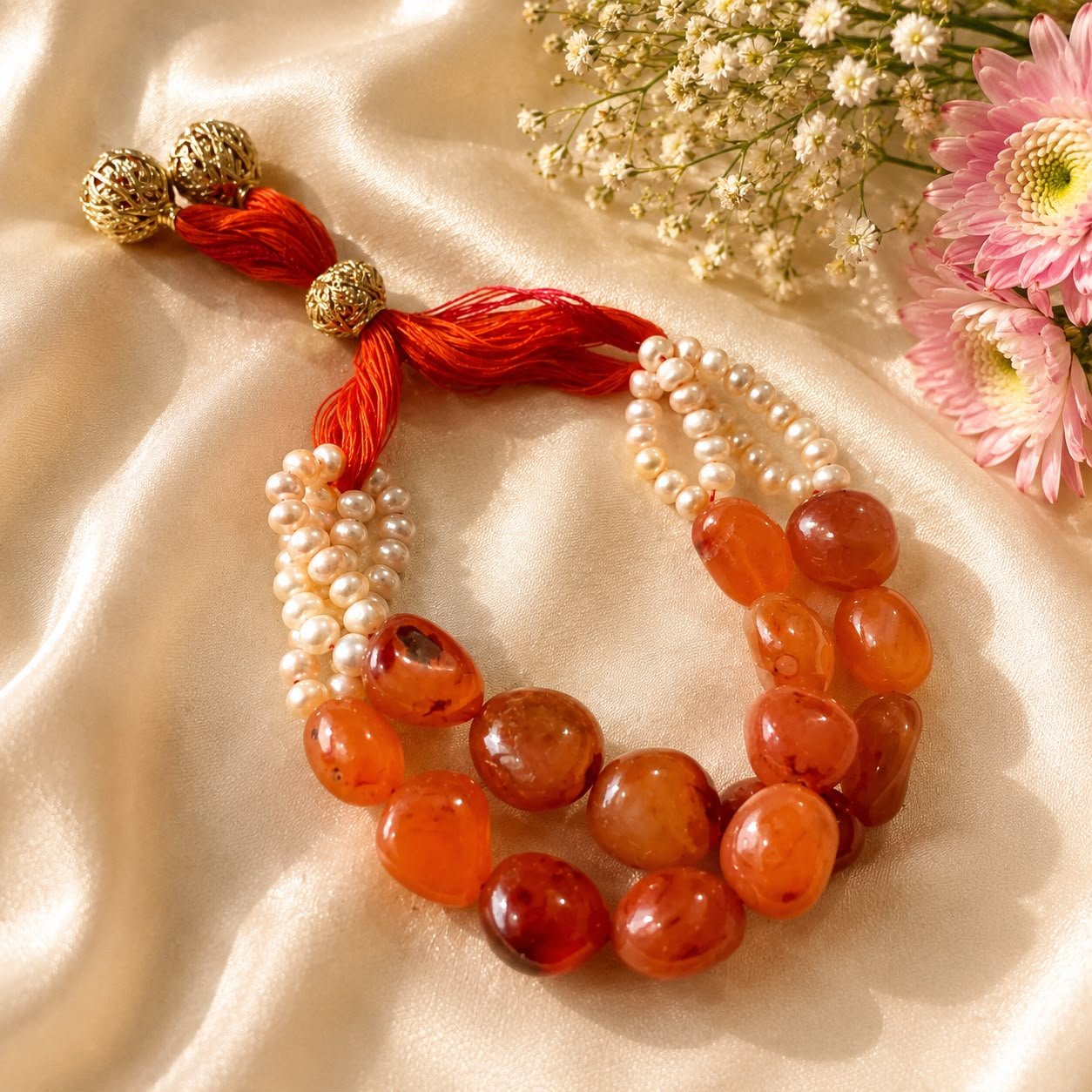 Carnelian Tumble & Freshwater Pearl Adjustable Bracelet