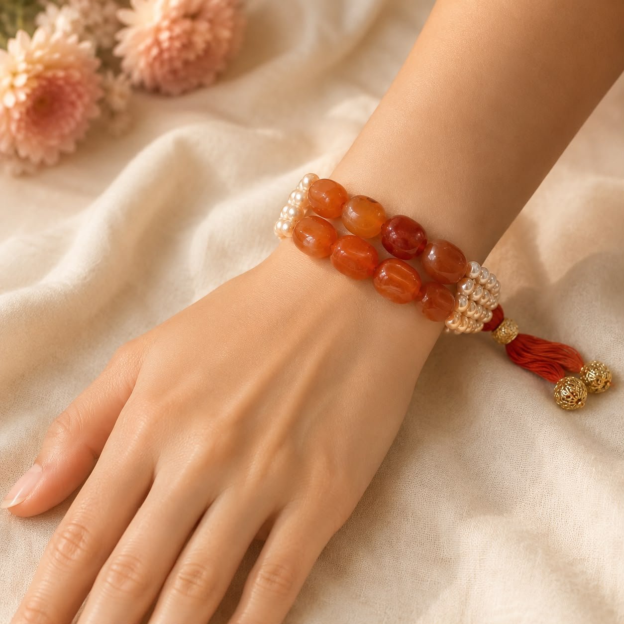Carnelian Tumble & Freshwater Pearl Adjustable Bracelet - Image 2