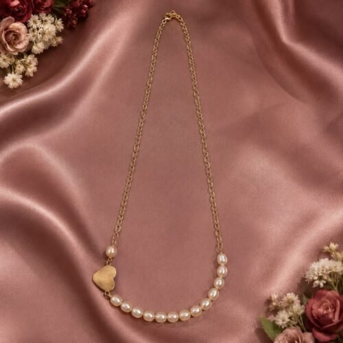 Rice Pearl Heart 92.5 Silver Gold-Plated Necklace