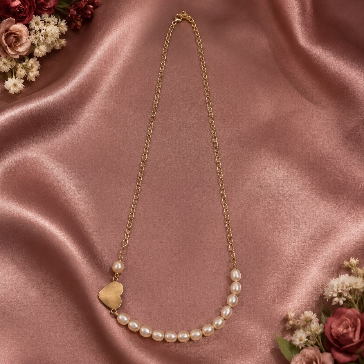 Rice Pearl Heart 92.5 Silver Gold-Plated Necklace