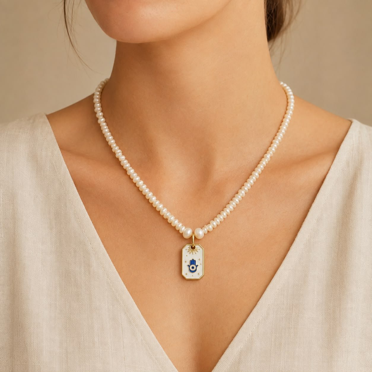 Evil Eye 92.5 Silver Pendant Pearl Necklace - Image 2