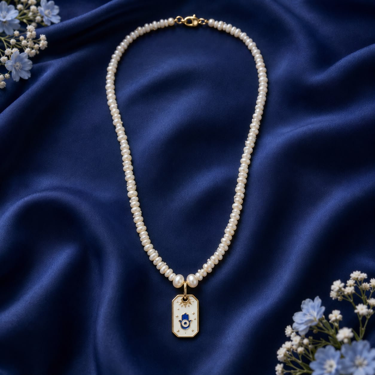 Evil Eye 92.5 Silver Pendant Pearl Necklace