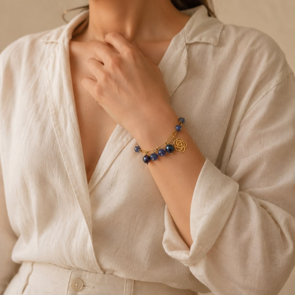 Tanzanite & Pearl Charm Gold-Plated Silver Bracelet - Image 2