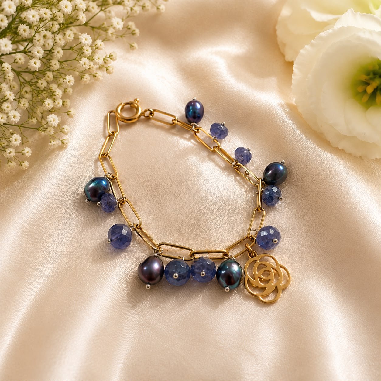 Tanzanite & Pearl Charm Gold-Plated Silver Bracelet