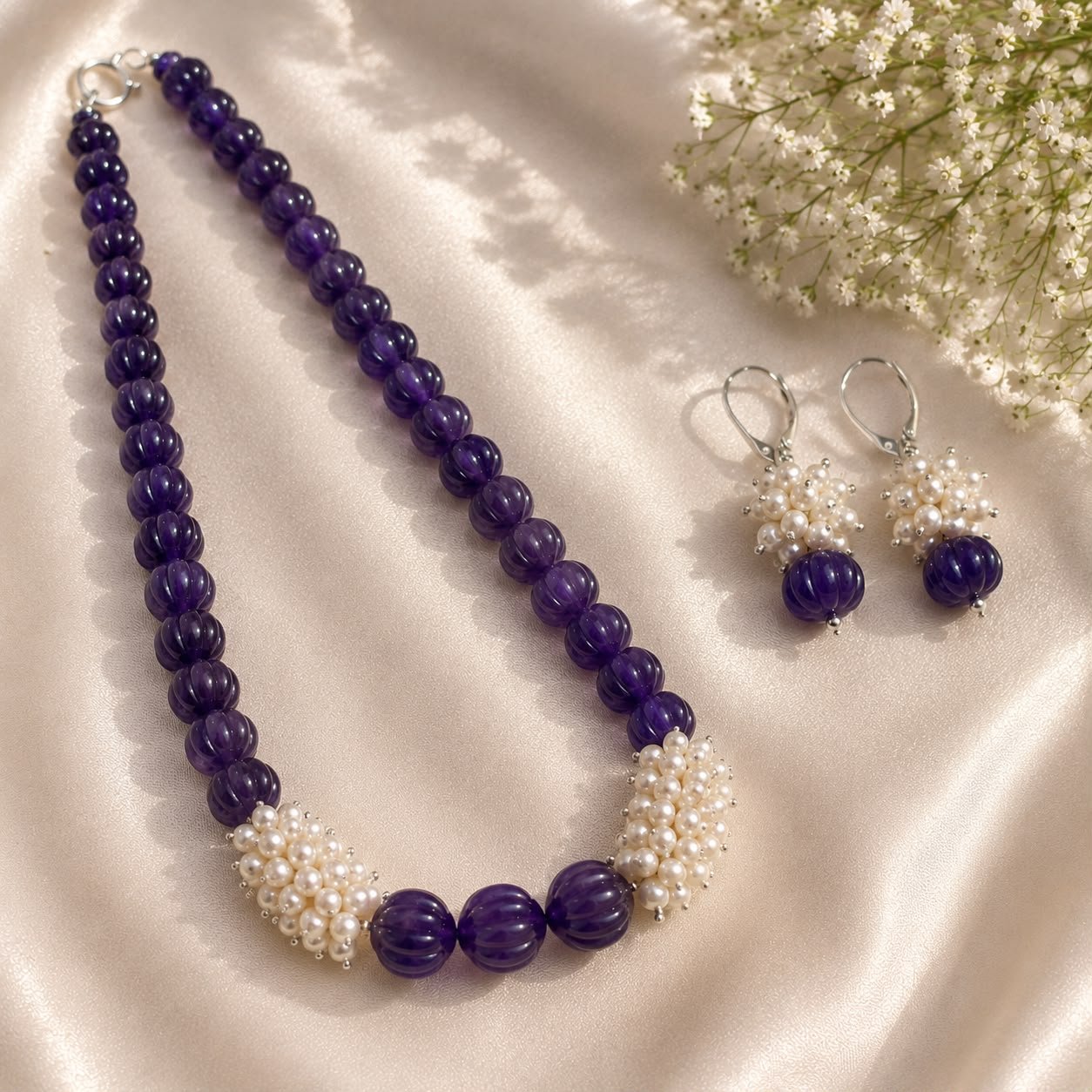 Amethyst Melon & Pearl Graduated Necklace with Earrings