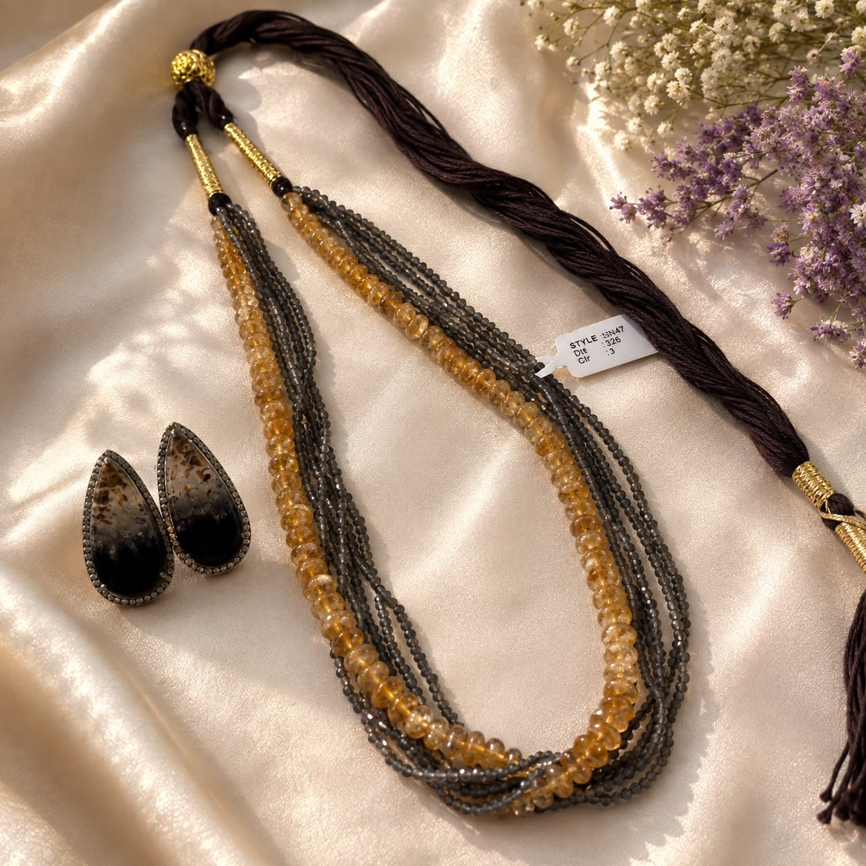 Citrine & Smoky Quartz Multi-Strand Necklace with Agate Earrings