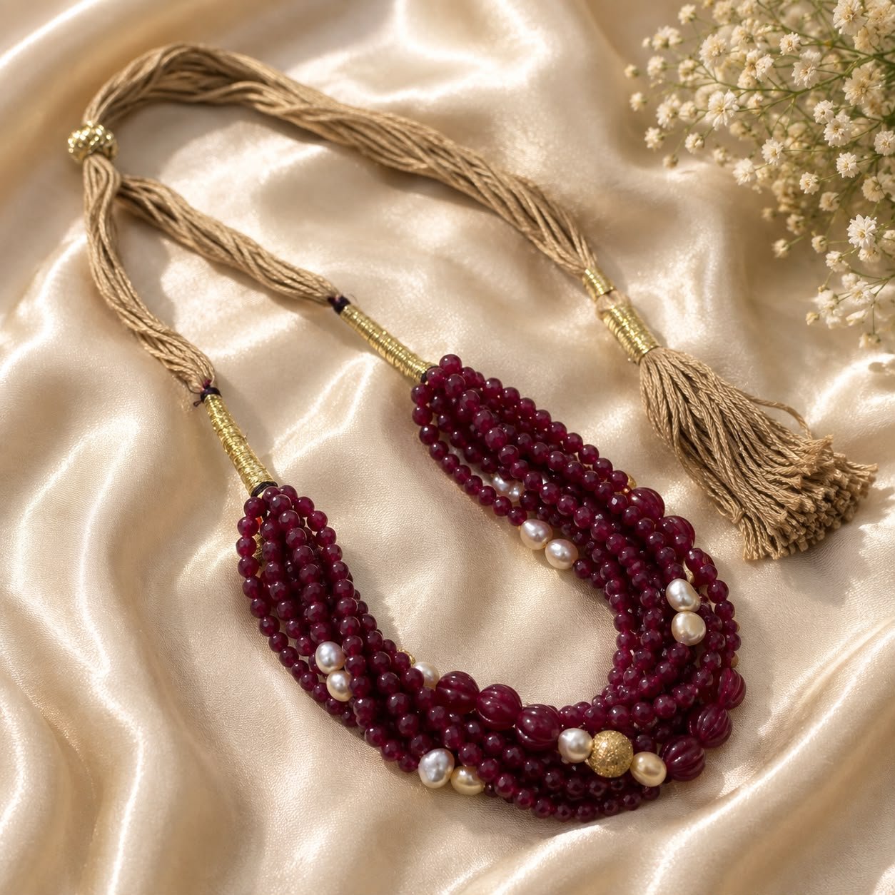 Maroon Multi-Strand Melon Bead & Pearl Necklace