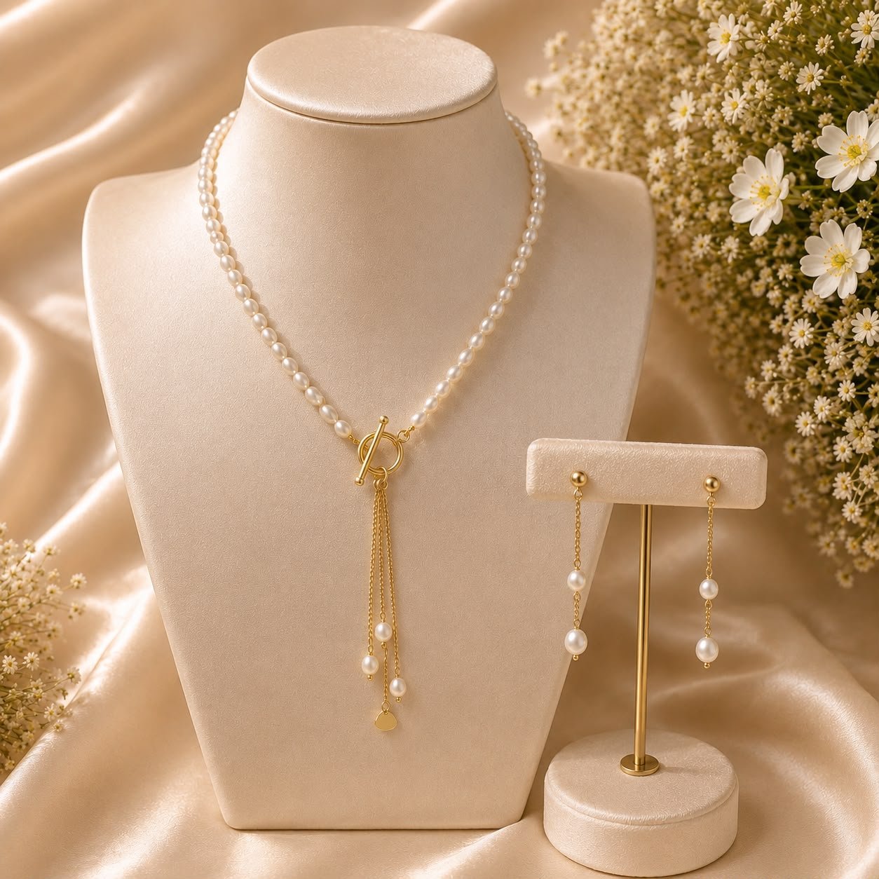 Freshwater Pearl Tassel Necklace & Earrings Set – 1 Micron Gold Polish