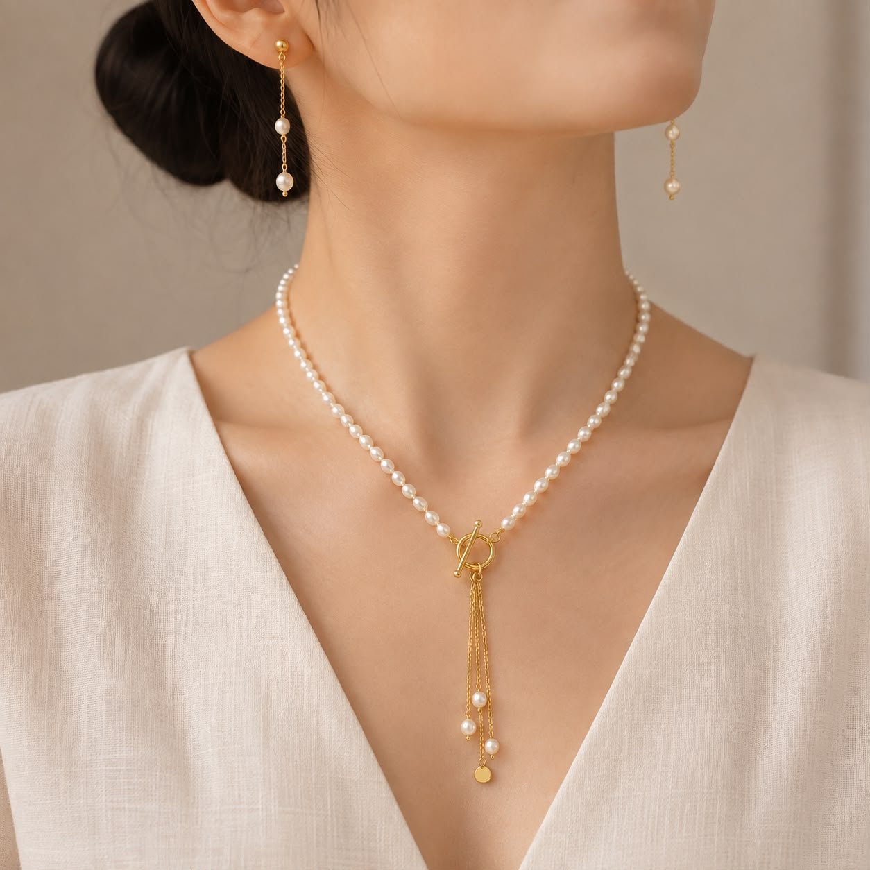 Freshwater Pearl Tassel Necklace & Earrings Set – 1 Micron Gold Polish - Image 2