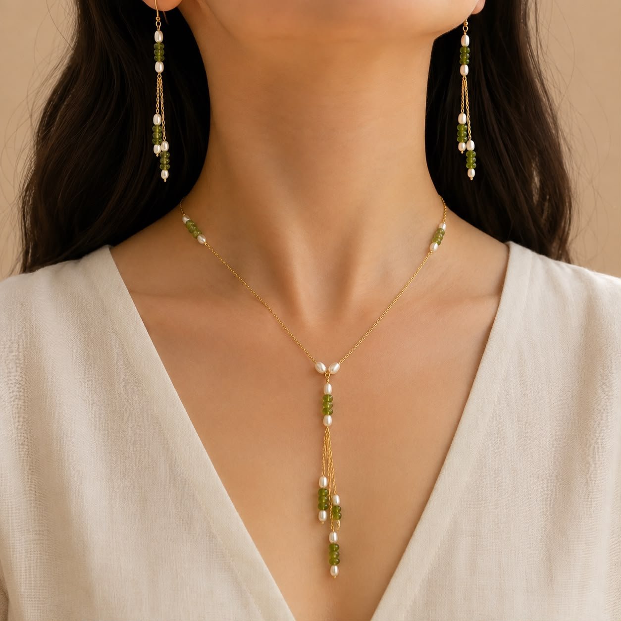 Peridot & Pearl Gold-Plated 92.5 Silver Necklace with Long Earrings - Image 2
